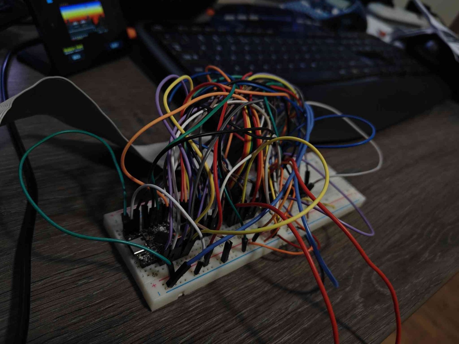 The FluxDrive breadboard prototype: an ESP32-S3 Super Mini under a nest of jumper wires